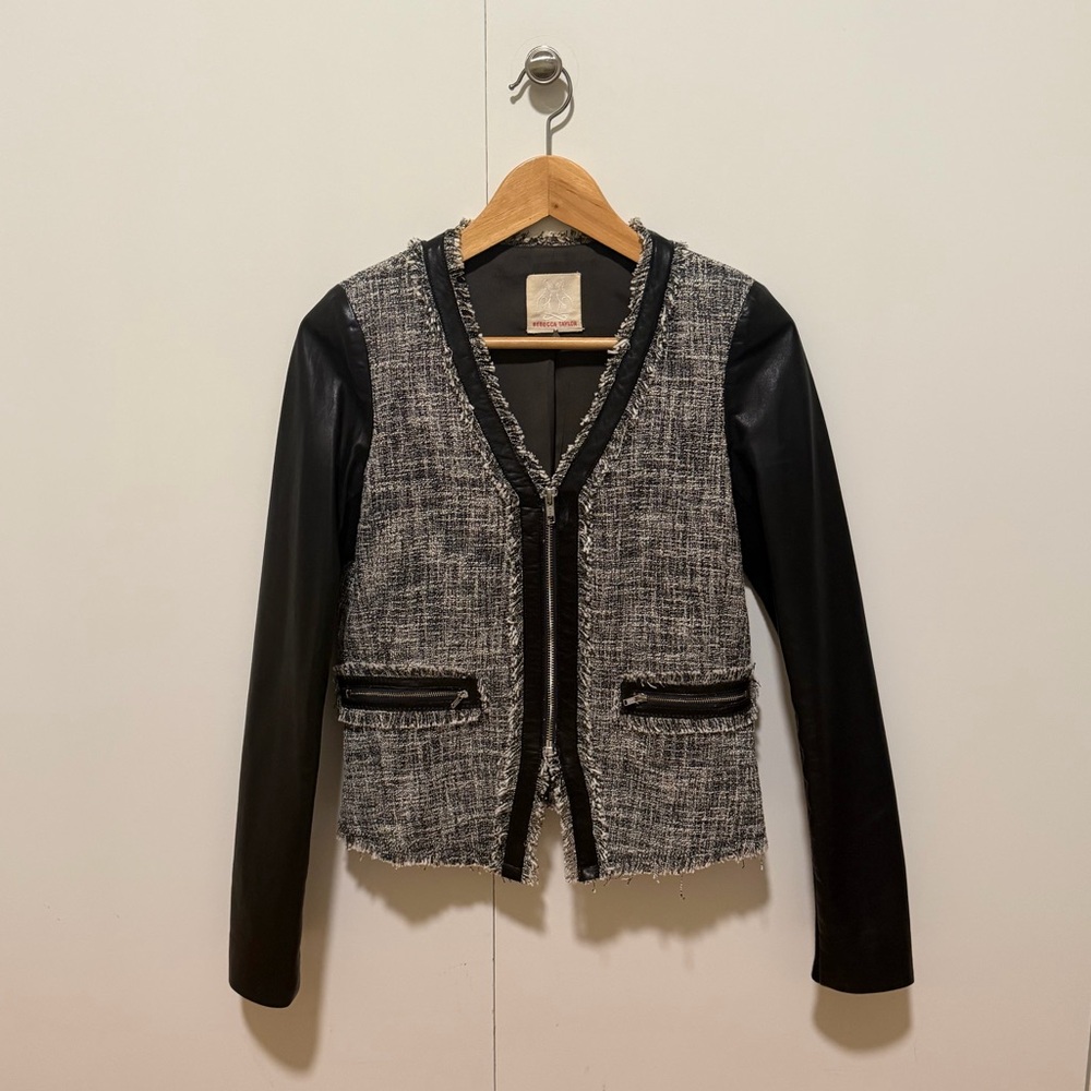 Rebecca Taylor Black Tweed, Leather Sleeved Jacket